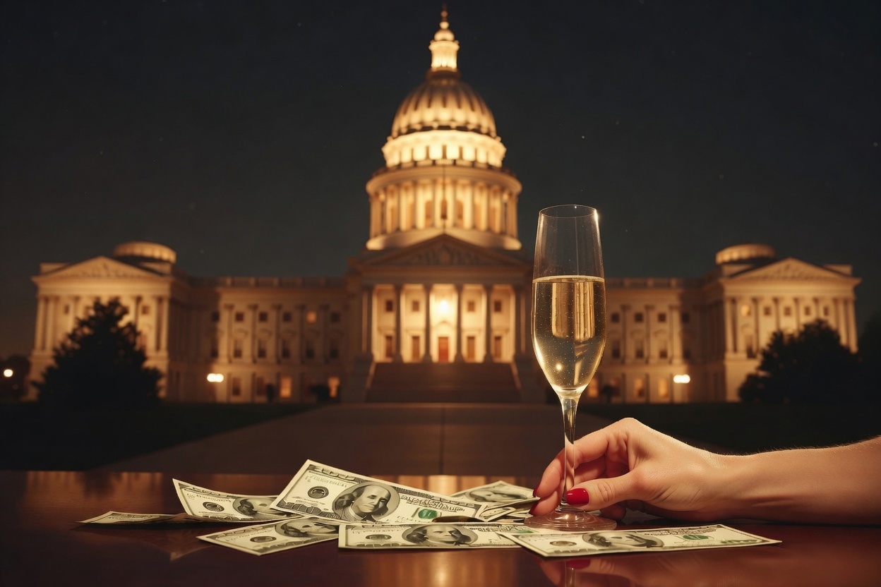 A champagne flute and hundred-dollar bills on a table in front of a state capitol building at night